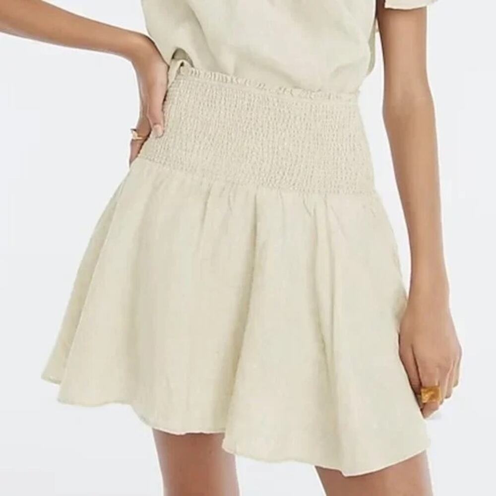 J.Crew Linen Smocked Waist High Rise A-Line Mini Skirt Beige Tan S